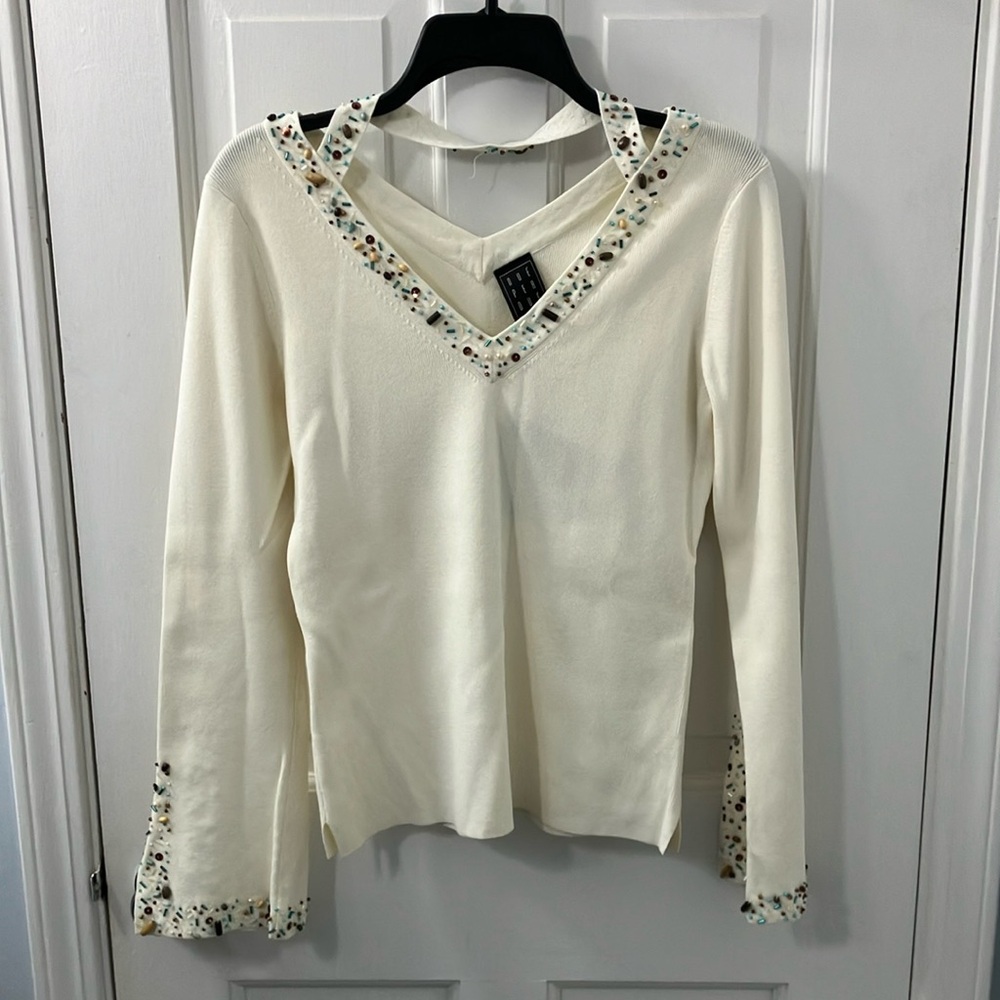 Vintage Due per due Cream Women's long sleeve Top embellish beading size M NWT